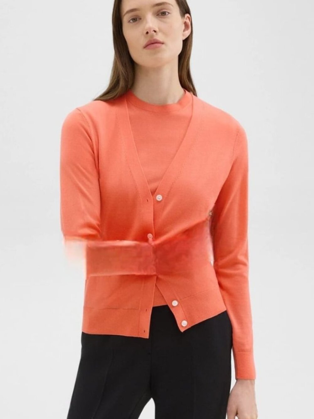 Theory V-neck Slim Fit Bright Coral Regal Wool Cardigan Size Petite